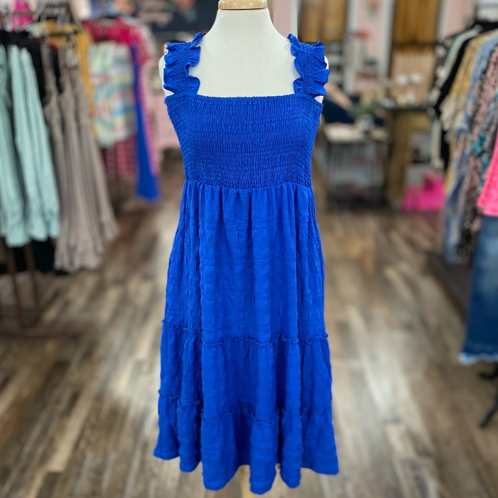 Royal Blue M Sundress with Smocked Bodice and Elastic Ruffle Straps NWT